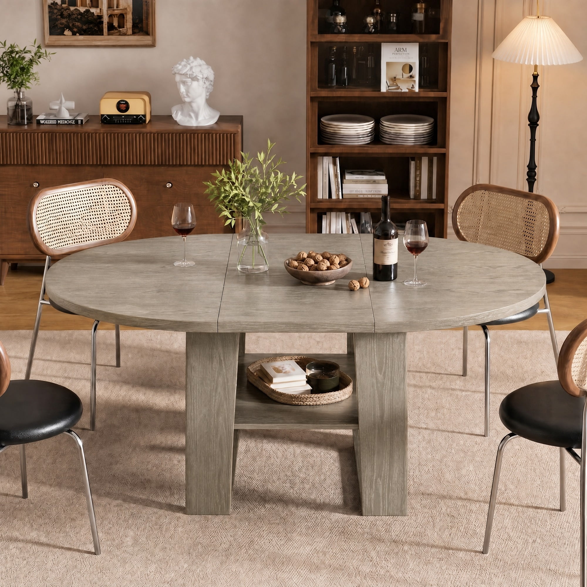 Extendable Round Dining Table 43.3-59 Inch, Round to Oval Kitchen Table with Flip Up Extension Leaf and Storage Shelf, Gray