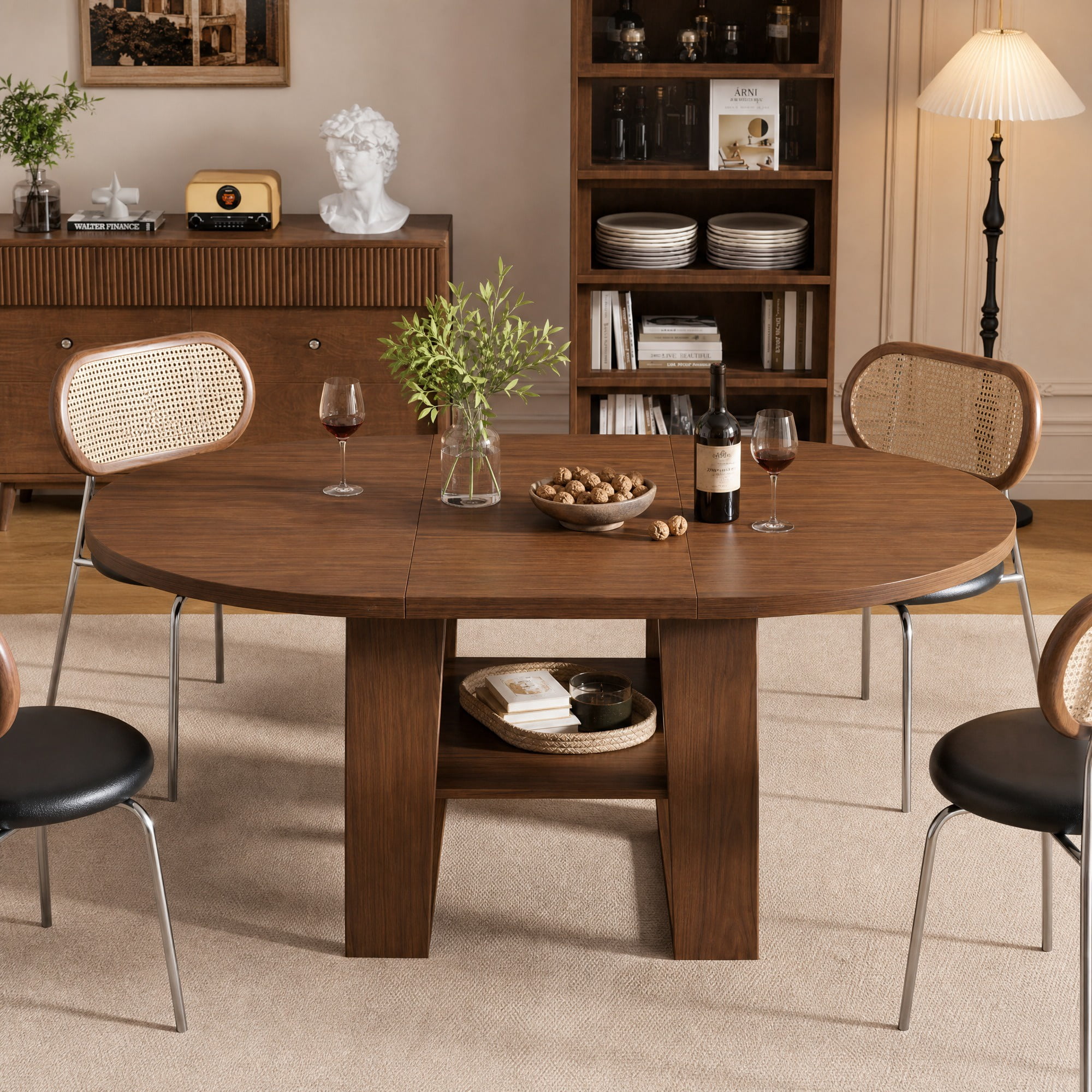 Extendable Round Dining Table 43.3-59 Inch, Round to Oval Kitchen Table with Flip Up Extension Leaf and Storage Shelf, Walnut