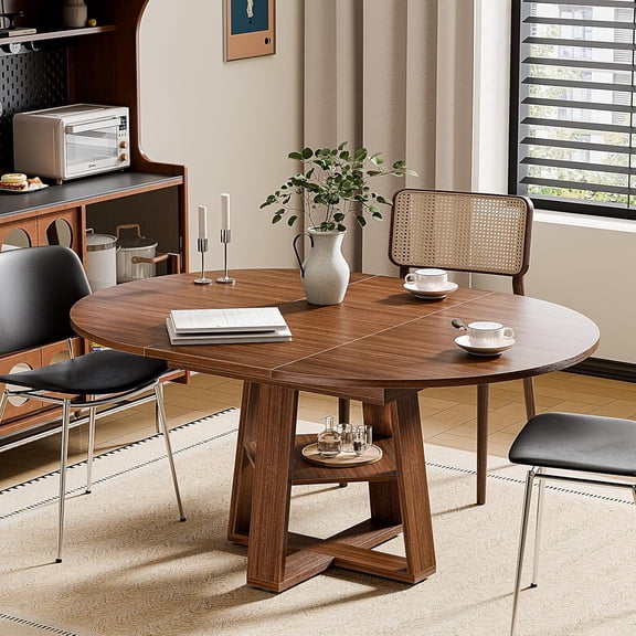 Extendable Round Dining Table 43.3 to 51.1 Inches, Drop Leaf Kitchen Table with Storage Rack for 4-8 Seats, Wood Base Walnut Finish