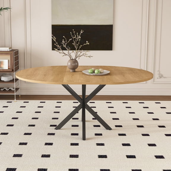 Extendable Round Dining Table 43 58 Oak Finish Expandable Table for 2 6 Persons with Carbon Steel Base Modern Space Saving Dining Room Furniture