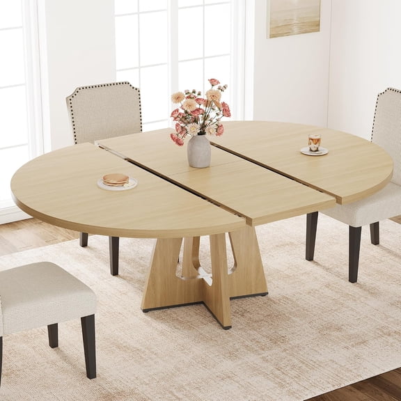 Extendable Round Dining Table, 47"-63" Adjustable Dinner Table for 4-8,Farmhouse Kitchen Table for Dining Room Living Room