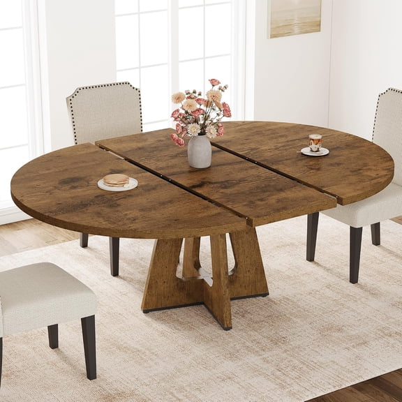 Extendable Round Dining Table, 47"-63" Adjustable Dinner Table for 4-8,Farmhouse Kitchen Table for Dining Room Living Room