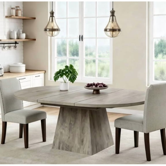 Extendable Round Dining Table 47"-63" – Circle Kitchen Table with Thickened Tabletop & Square Pedestal Base – Modern Dinner Table for Kitchen, Dining Room (Table Only)