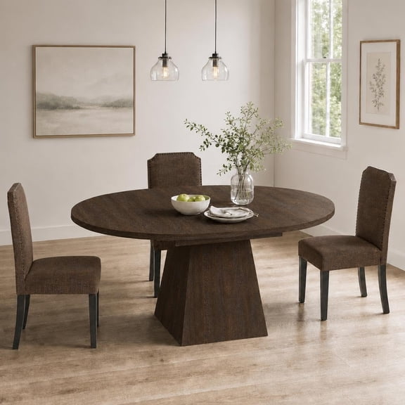 Extendable Round Dining Table 47"-63" – Circle Kitchen Table with Thickened Tabletop & Square Pedestal Base – Modern Dinner Table for Kitchen, Dining Room (Table Only)