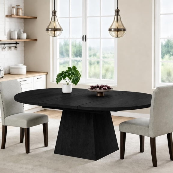 Extendable Round Dining Table 47"-63" – Circle Kitchen Table with Thickened Tabletop & Square Pedestal Base – Modern Dinner Table for Kitchen, Dining Room (Table Only)