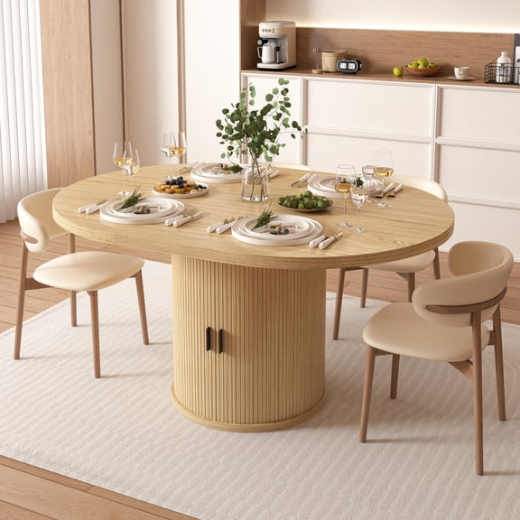 Extendable Round Dining Table, Expandable Kitchen Eating Desk With Fluted Slide Door Storage Shelf, Oval Dinner Station For Living Room Apartment, Modern Farmhouse Style, Natural Wood, One Piece