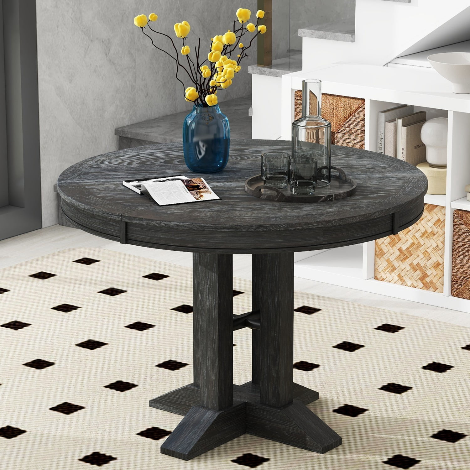 Extendable Round Dining Table, Farmhouse Kitchen Table with Oak Veneer Top & Solid Wood Base, Convertible Oval Dining Table for 4-6 People, Black