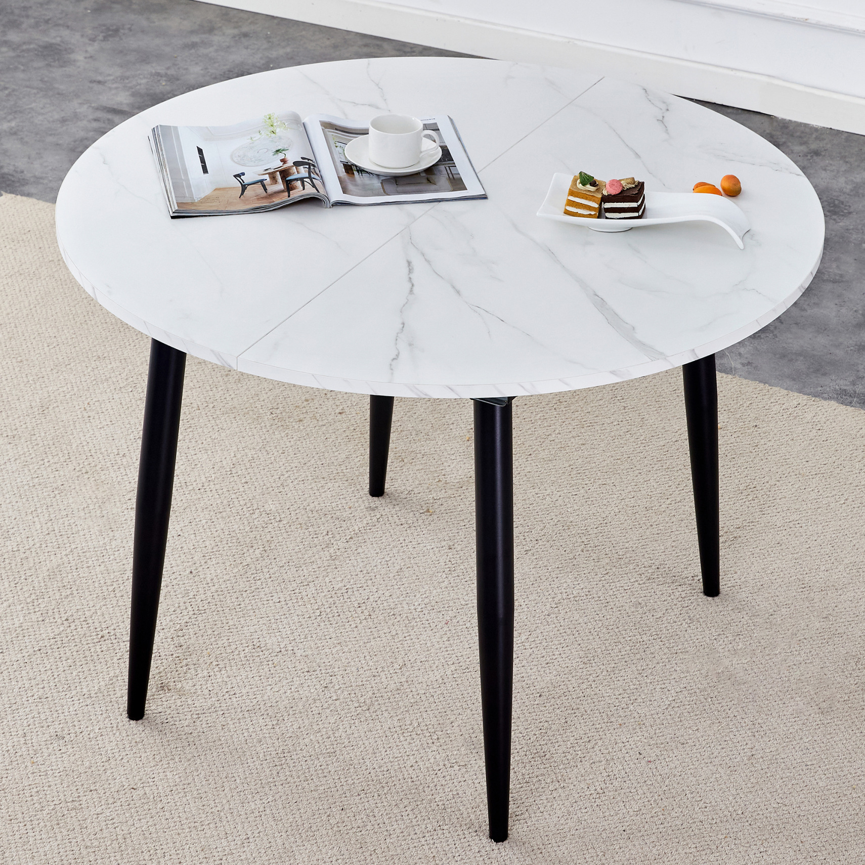 Extendable Round Dining Table, MDF Table Top and Black Metal Legs