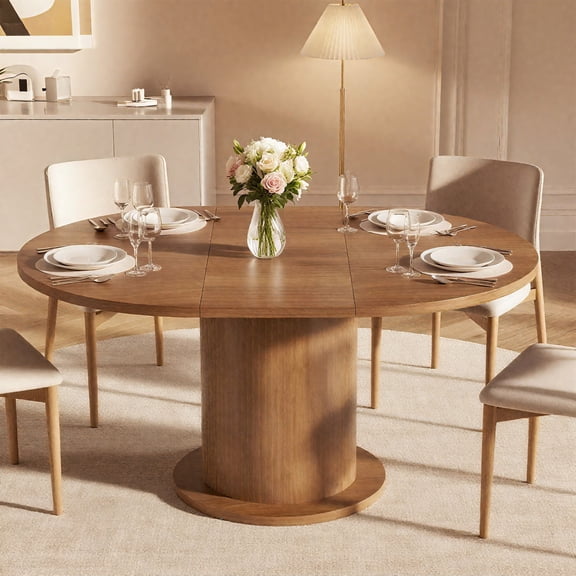 Extendable Round Dining Table, Oval Kitchen Table with Adjustable Design, Farmhouse Dining Table for Living Room, Party