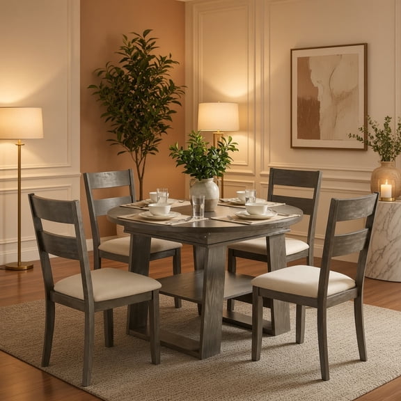 Extendable Round Dining Table, Round-to-Oval Kitchen Table with Flip-Up Leaf, H-Shaped Base and Storage Shelf, Gray