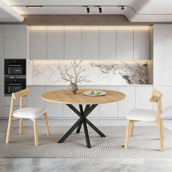 Extendable Round Dining Table Set for 2-6 Person - 43 to 58 Inch Oak Finish Expandable Table with Carbon Steel Base & 2 Solid Wood Chairs, Modern Space-Saving Furniture