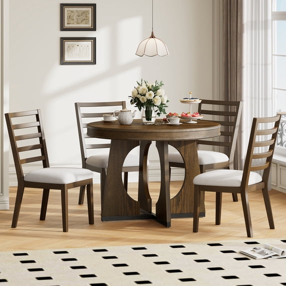 Extendable Round Dining Table Set, Mid Century Wooden Round Kitchen Table and 4 Upholstered Chairs, 5-Piece Dining Set Extendable Table with a 16-inch Leaf for Dining Room, Kitchen, Walnut