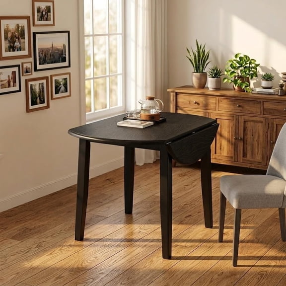 Extendable Round Dining Table for 2-4 People, Folding Wood Kitchen Table with Adjustable Size, Collapsible Design, Black