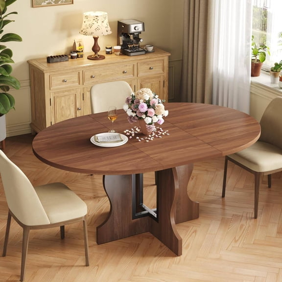 Extendable Round Dining Table for 46, 43.3"59" Oval Table with Heavy-Duty Wood Base and Hidden Extension Storage, for Kitchen or Living Room