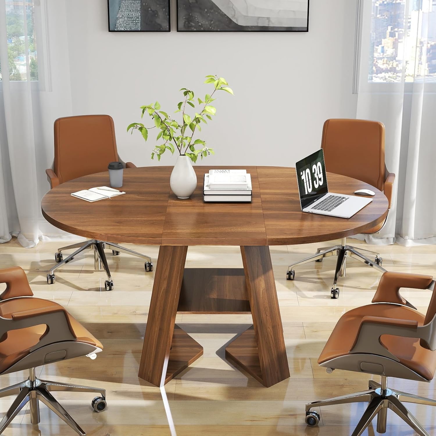 Extendable Round Dining Table for 4-6, Modern Kitchen Oval Dining Table with Removable Leaves for Living Room, Walnut