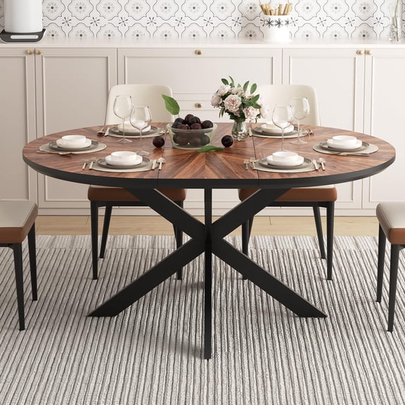 Extendable Round Dining Table for 4-6 People, Solid Wood Parquet Top with Metal Frame, 47.2 to 63 Inch Walnut Dining Room Furniture
