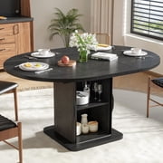 Extendable Round Dining Table for 4 8, 59" Modern Kitchen Table with Storage & Fluted Wood Sliding Door, Black