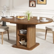 Extendable Round Dining Table for 4 8, 59" Modern Kitchen Table with Storage & Fluted Wood Sliding Door, Walnut