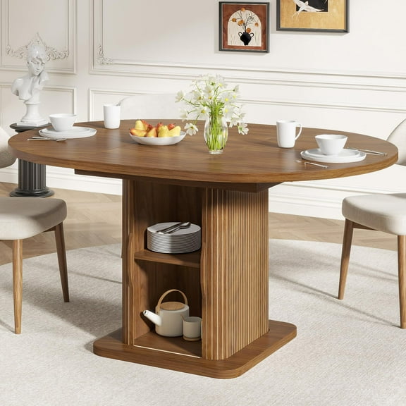 Extendable Round Dining Table for 4–8, 59" Modern Kitchen Table with Storage & Fluted Wood Sliding Door, Walnut