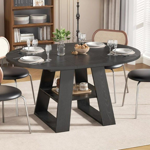 Extendable Round Dining Table for 4, Modern Oval Kitchen Dining Table with Storage Shelf, Dinner Table for Living Room, Black