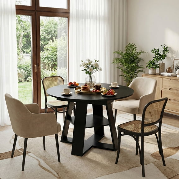 Extendable Round/Oval Dining Table - Removable Leaves, Wood Base with Storage Shelf, Space Saving for 4-8 People (Kitchen & Living Room),Black