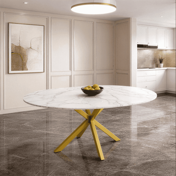 Extendable Round Table MDF Carbon Steel White Marble Finish 42-59 Inch for Kitchen Dining Apartment