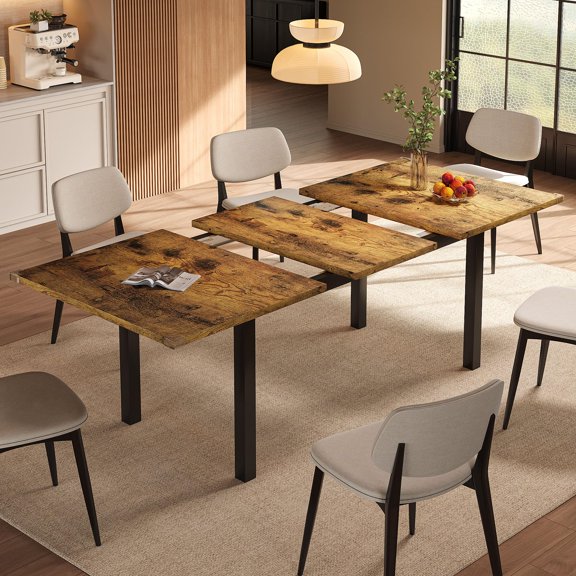 Extendable Rustic Brown Dining Table, Rectangular, Farmhouse Style, 4-6