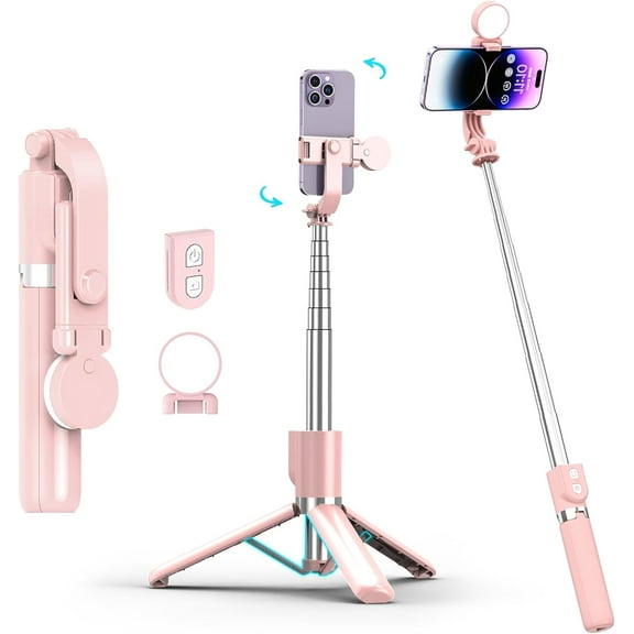 Extendable Selfie Stick Tripod with Rechargeable Remote & Fill Light, Portable Smartphone Mount Holder for Vlogging, Video Recording & Travel, Compatible with iPhone and Mobile Phones