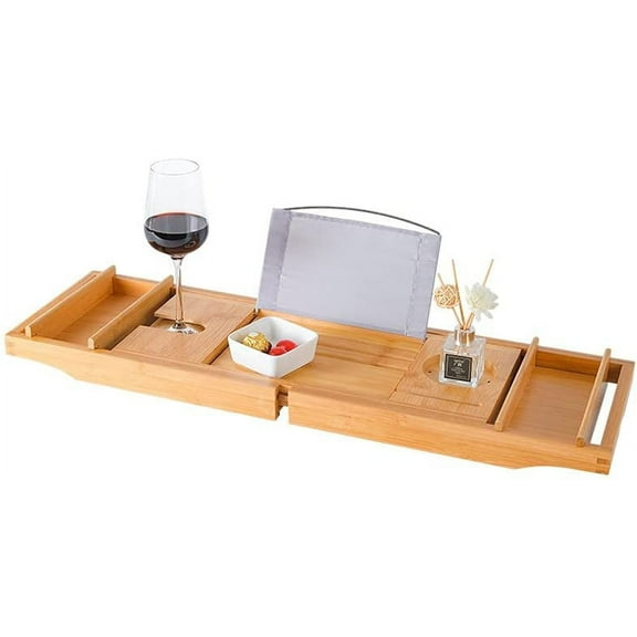 Extendable Sides Bamboo Bathtub Tray Bath Table Adjustable Caddy Tray Cellphone Tablet Tray and Wine Glass Holder