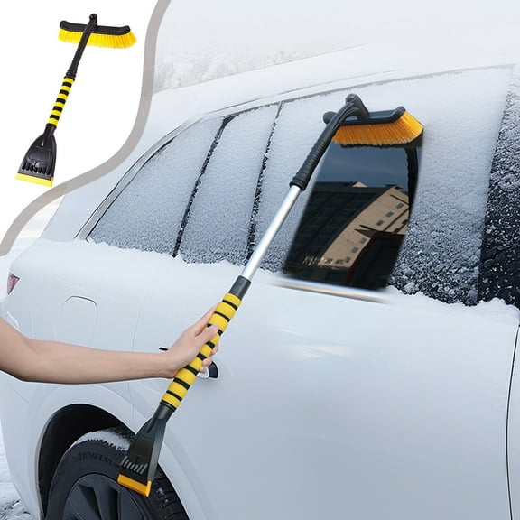 Extendable Snow Brush with Detachable Ice Scraper Wide Squeegee & Bristle Head Lightweight Body with No Scratch Winter Cleaning Tool for Cars & SUVs (Yellow)