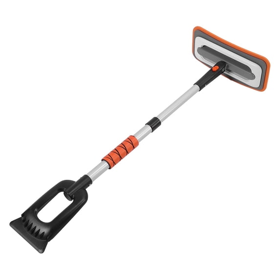 Extendable Snow Brush and Ice Scraper, All-in-One (27"-35.4") with 180° Pivoting Head & EVA Grip for Complete Windshield Cleanup (Orange)