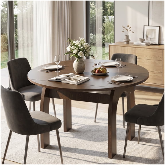 Extendable Solid Wood Walnut Dining Table Converts Oval To Round Shape For Up To 6 Seats