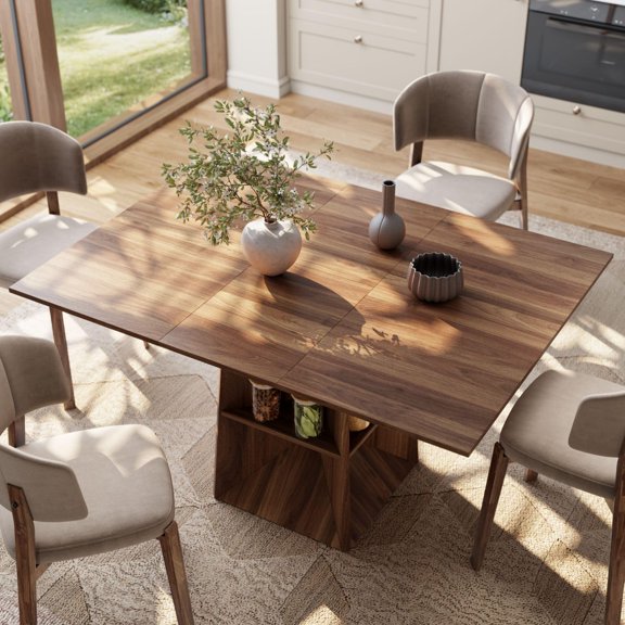 Extendable Square Dining Table With Storage Shelf, Walnut Finish, Standard Color, For 4-8 Seating