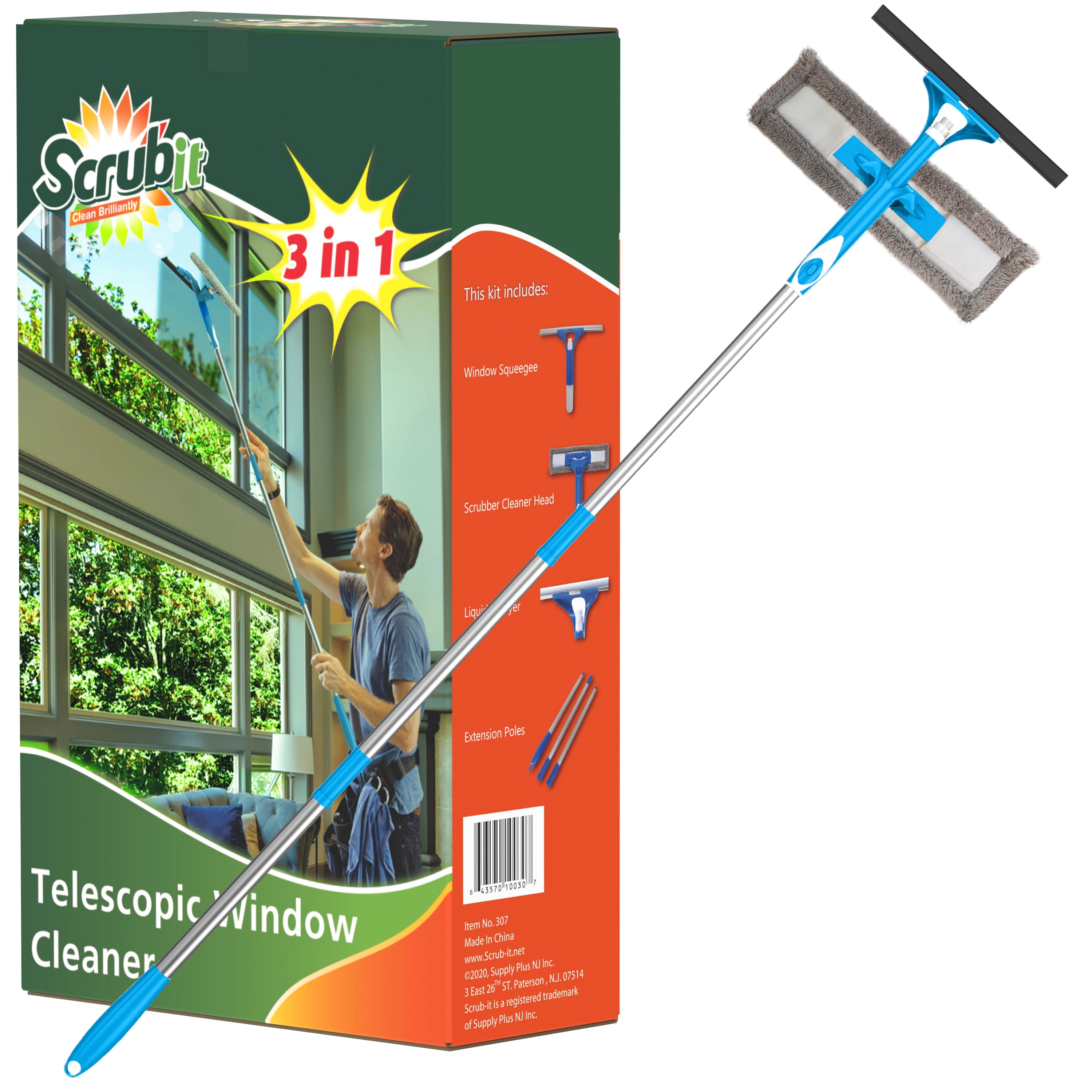 Telescopic Window Cleaning Kit with Super Squeegee and 3 Section Aluminum  Extension Pole, Lightweight All-in-One 5 Piece Set - Microfiber Glass  Washer