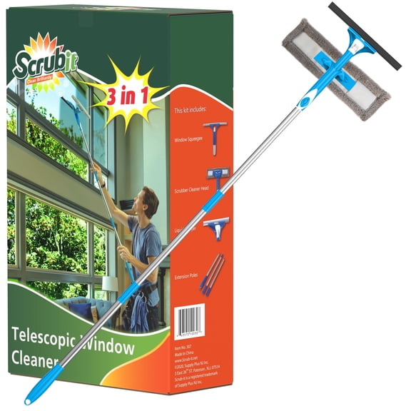 Extendable Squeegee Window Cleaner by SCRUBIT - Window Cleaning Tool with Microfiber Scrubber & Spray Head - 58" Long Extension Pole for High Windows and Outdoor Glass Washing - Shower Cleaning Kit