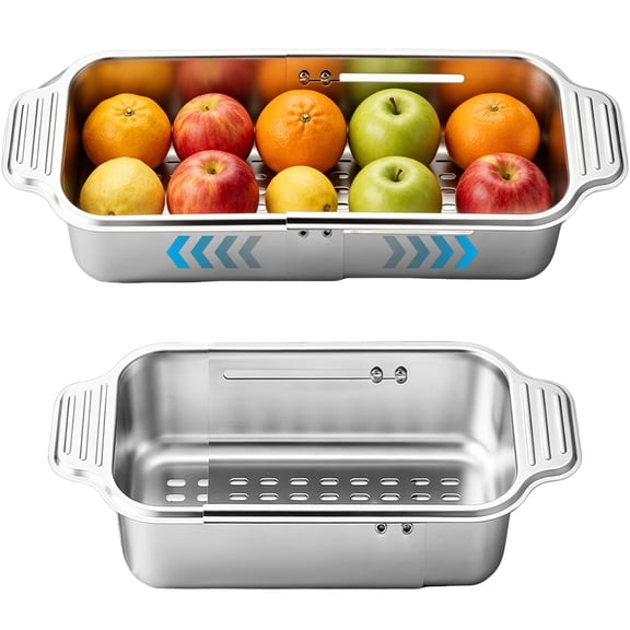 Extendable Stainless Steel Colander, Over the Sink Colander 13.5-17.3 x 8.1 in, Kitchen Sink Strainer with Expandable Handles for Washing Fruit Vegetables, Draining Pasta, Drying Dishes