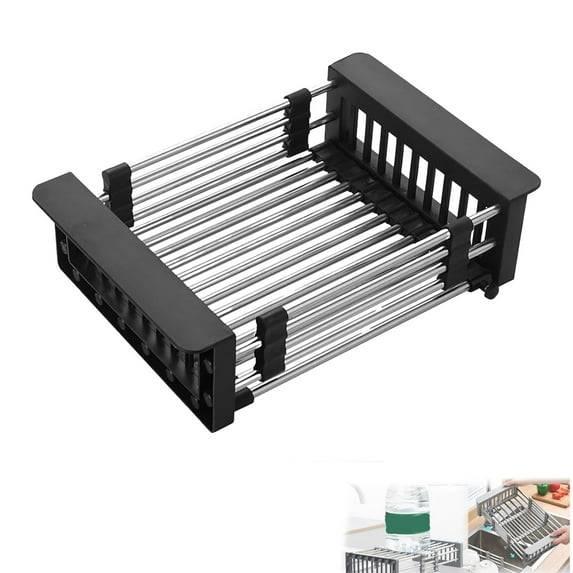 Extendable Stainless Steel Kitchen Drain Basket with Adjustable Boom – Retractable Rack for Vegetables, Fruits, and Dishes, 11.8"x6.7"