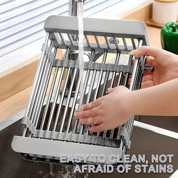 NATPLUS Extendable Sink Dish Drying Rack, Adjustable Stainless Steel Over the Sink Drainer Basket for Fruits, Vegetables and Dishes, Space-Saving Kitchen Organizer