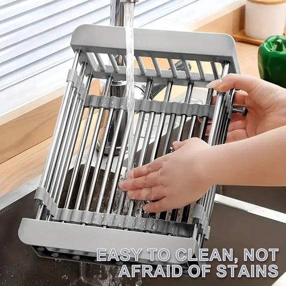 NATPLUS Extendable Sink Dish Drying Rack, Adjustable Stainless Steel Over the Sink Drainer Basket for Fruits, Vegetables and Dishes, Space-Saving Kitchen Organizer