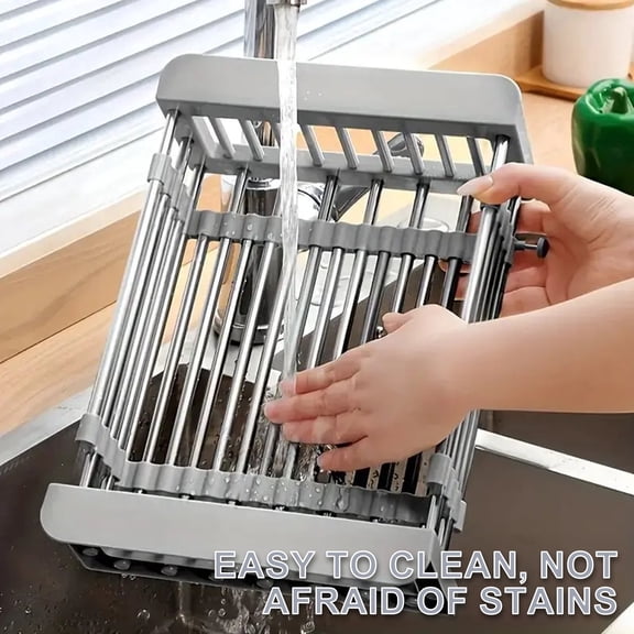 NATPLUS Extendable Sink Dish Drying Rack, Adjustable Stainless Steel Over the Sink Drainer Basket for Fruits, Vegetables and Dishes, Space-Saving Kitchen Organizer