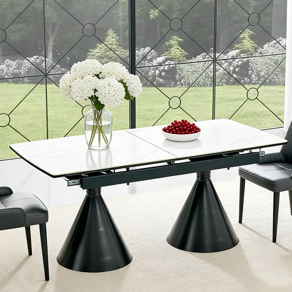 Extendable Stone-Top Dining Table, White marble-patterned tabletop with black tapered metal legs. Modern Luxury Rectangular Kitchen Table for 4–8 People