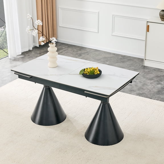 Extendable Stone-Top Dining Table: White marble-patterned tabletop with black tapered metal legs. A modern, luxury-inspired rectangular dining table for home use, suitable for 48 people.