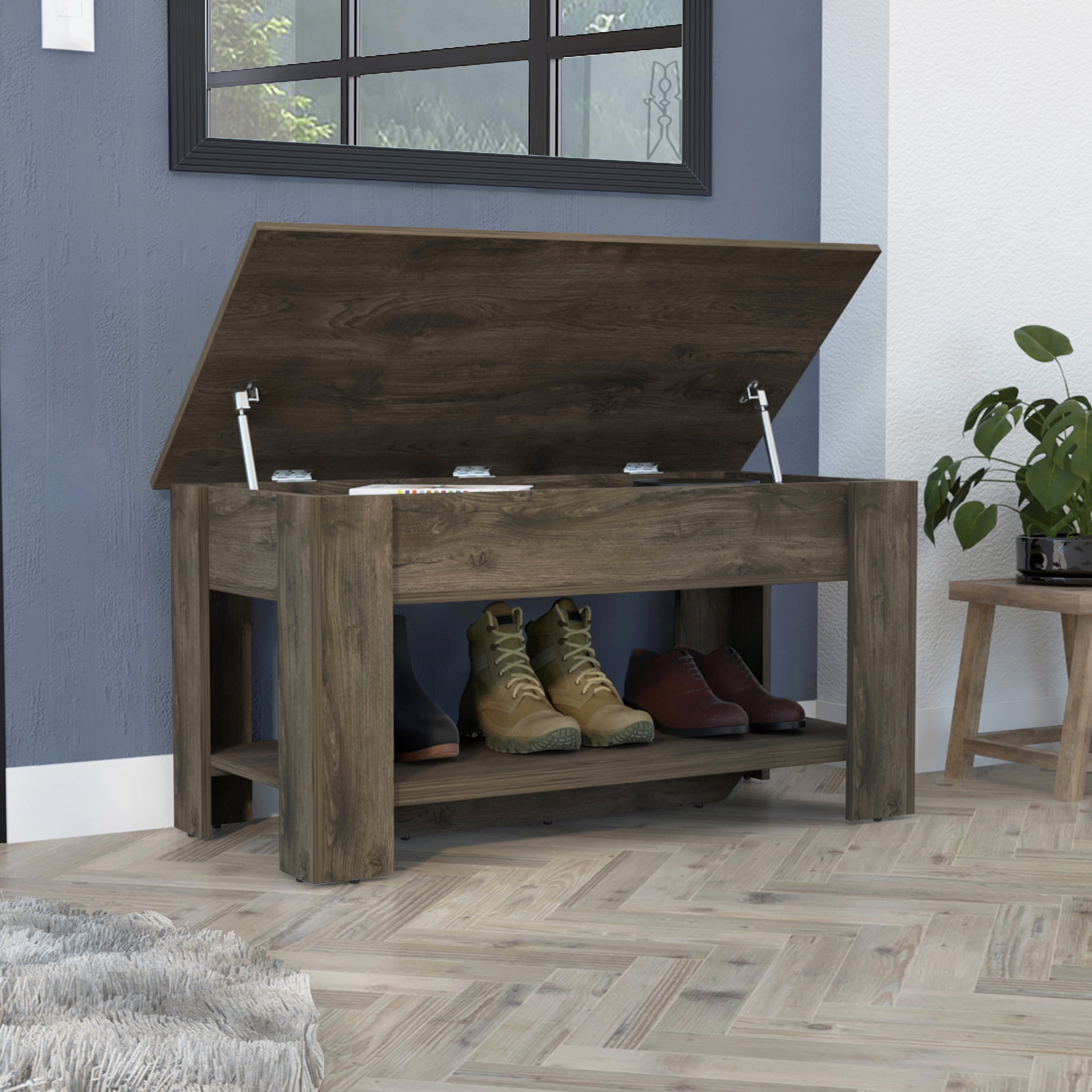 Extendable Storage Table In Dark Brown With Liftable Top And Shoe Rack ...