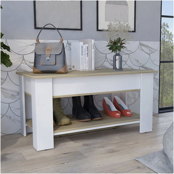 Extendable Storage Table with Lift Top and Lower Shelf, Light Oak White Finish, Multipurpose Entryway Organizer