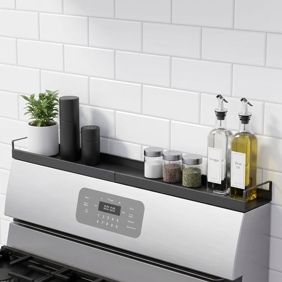 Extendable Magnetic Over the Stove Shelf Heavy Duty Steel Spice Rack, Adjustable Length for Back of Stove, No-Drill Stove Top Shelf