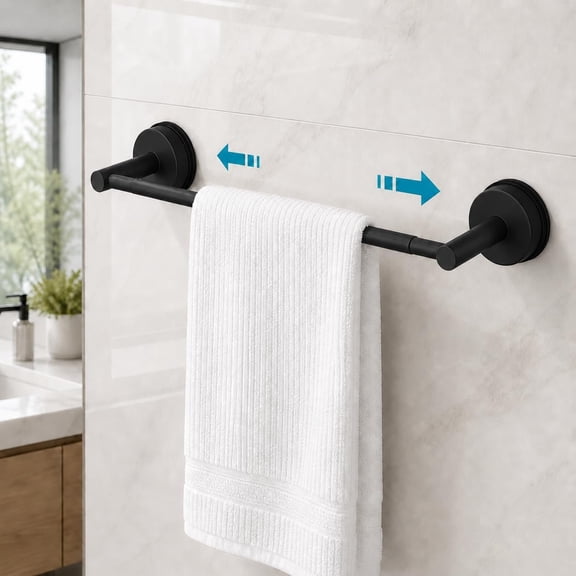 Extendable Suction Cup Towel Bar, Matte Black Stainless Steel No Drill Towel Holder for Bathroom, Adjustable Wall Mounted Towel Rack for Shower, Kitchen, RV, Smooth Tile, Glass, Mirror and Metal
