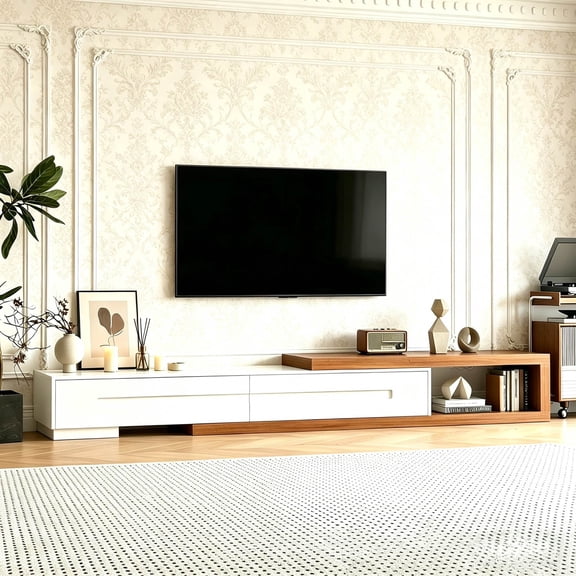 JassmiPkwy Extendable TV Stand for 120 '' TV, Wood Modern Entertainment Center with 2 Drawer, White