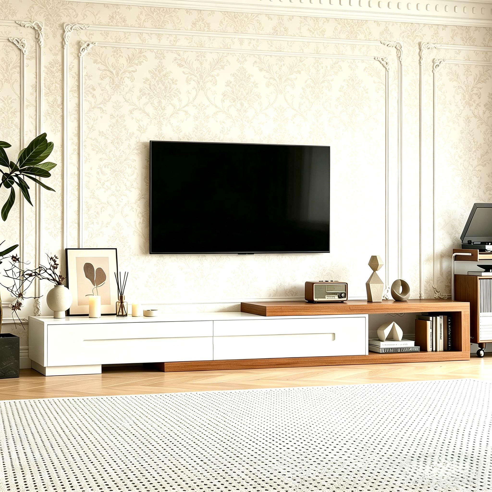 JassmiPkwy ExtendablJassmiPkwy e TV Stand for 120 Inch TV, Wood Modern Entertainment Center with 2 Drawer, White