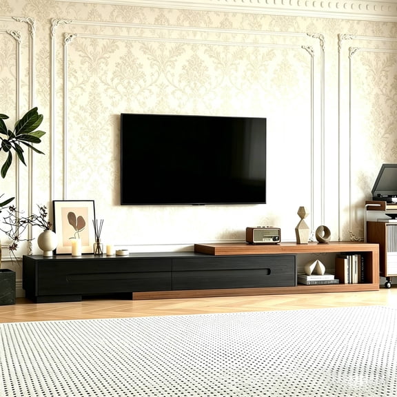 JassmiPkwy Extendable TV Stand for 120 Inch TV, Wood Modern Entertainment Center with 2 Drawer, Black