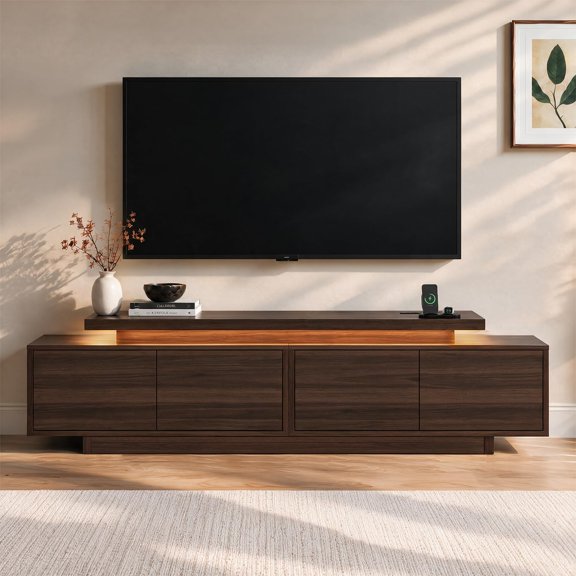 Extendable TV Stand for 65-90 Inch TVs, Adjustable 63-94.5" Modern Entertainment Center with Storage, Charging Station & LED Lights, Media Console, Walnut